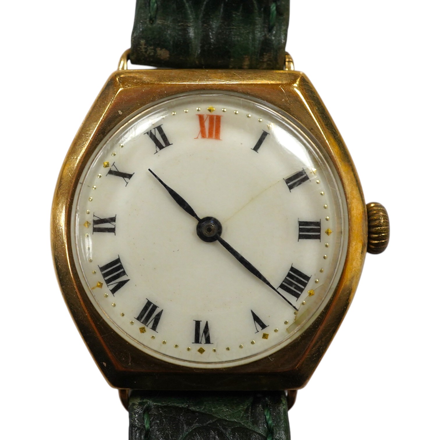 A gentleman's 1950's 9ct gold manual wind wrist watch, with Roman dial, signed Rolex movement, with Aaron Lufkin Dennison case, case diameter 29mm, on an associated leather strap. Condition - poor